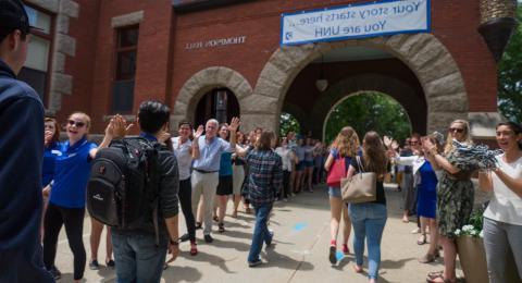 first year orientation students walking by t-hall